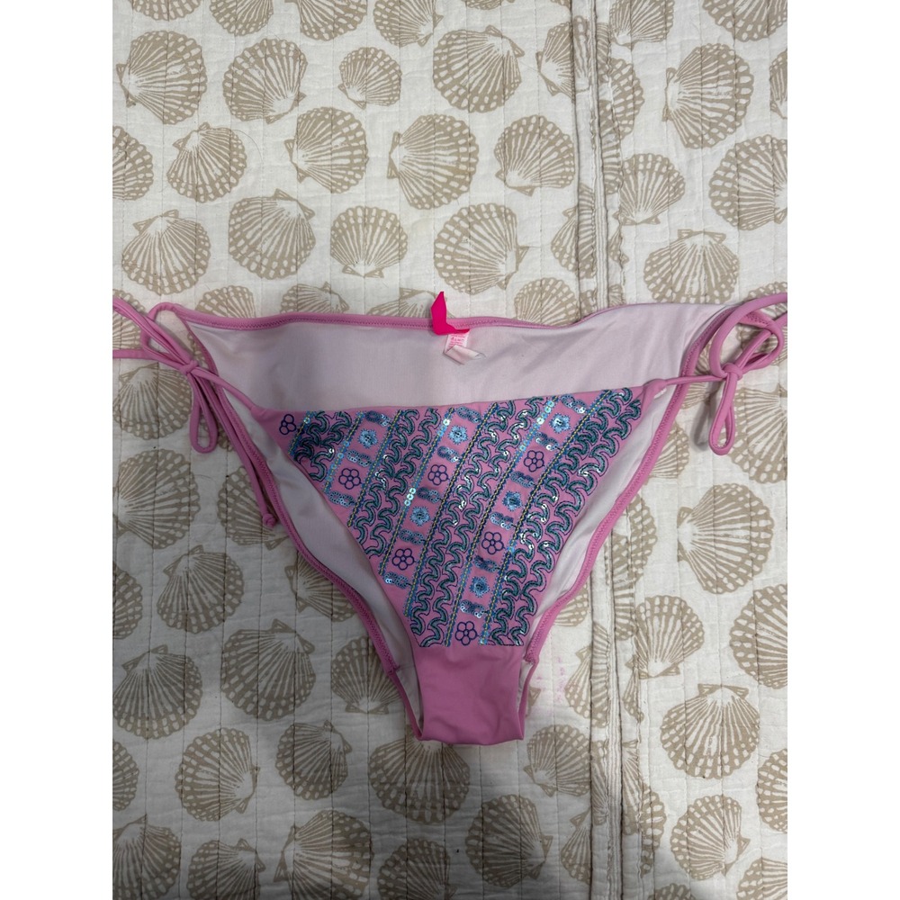 Victorias Secret Pink Sequin Embroidered Side Tie Bikini Bottom Large Lowrise
